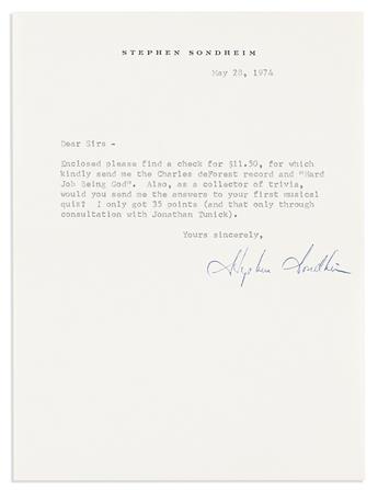 SONDHEIM, STEPHEN. Small archive of 7 Typed Letters Signed, "Steve" or "Stephen Sondheim" or "S," to press agent Daniel Langen or OCEE